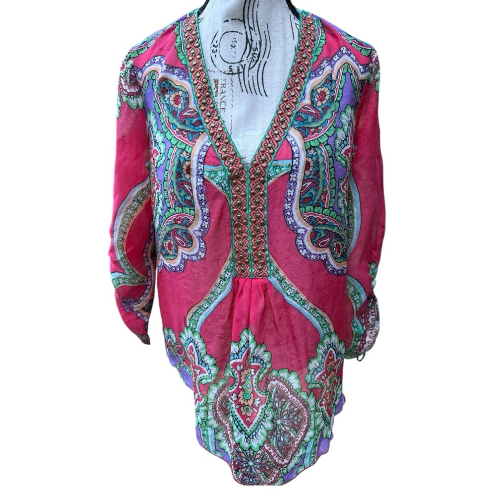 Hale Bob 100% Silk Boho Paisley Blouse Colorful Sheer Peasant Top M Artsy Pink